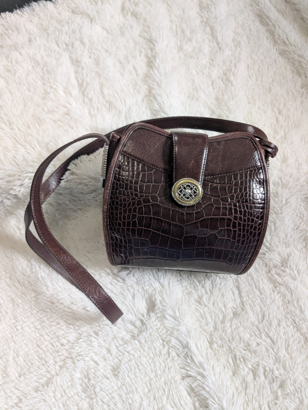 Vintage Brighton Dark Brown Leather Crocodile Embossed Crossbody Purse Bag